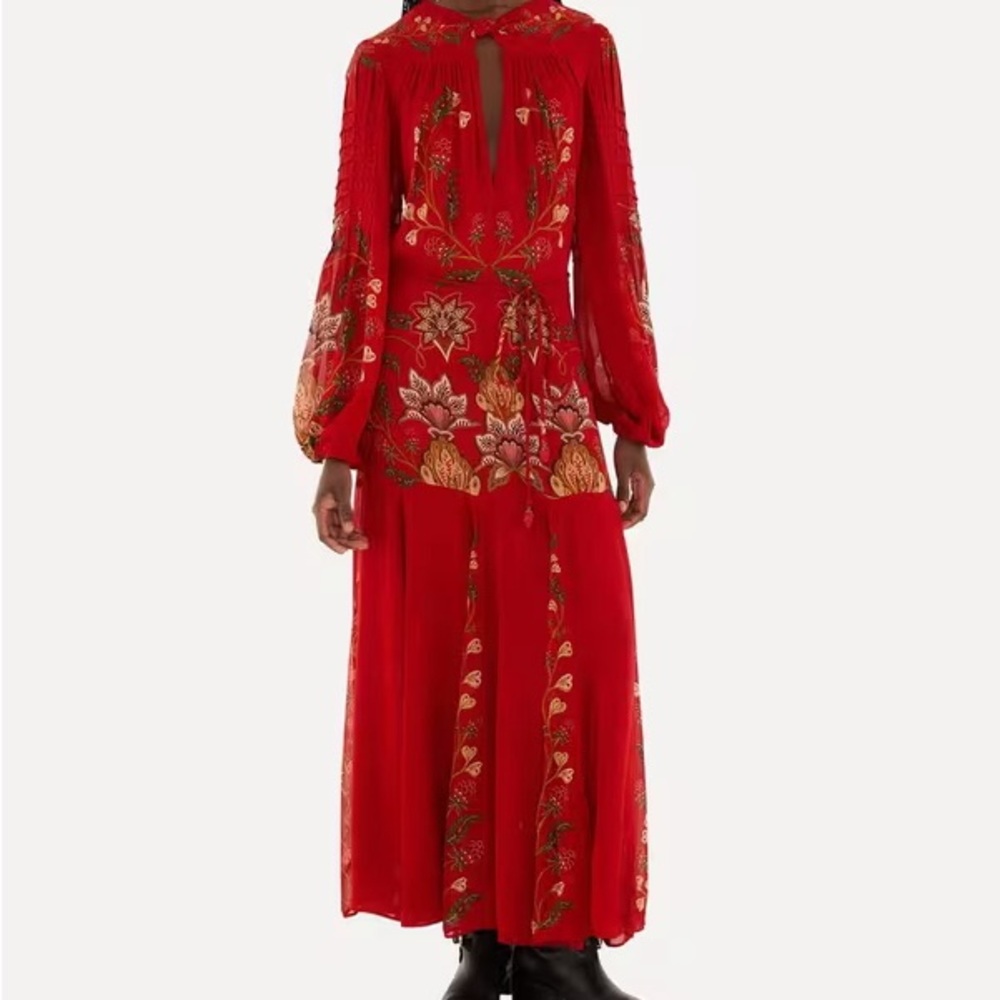 NEW FARM RIO berry garden long sleeve pleated maxi dress red boho wedding guest - Picture 7 of 13